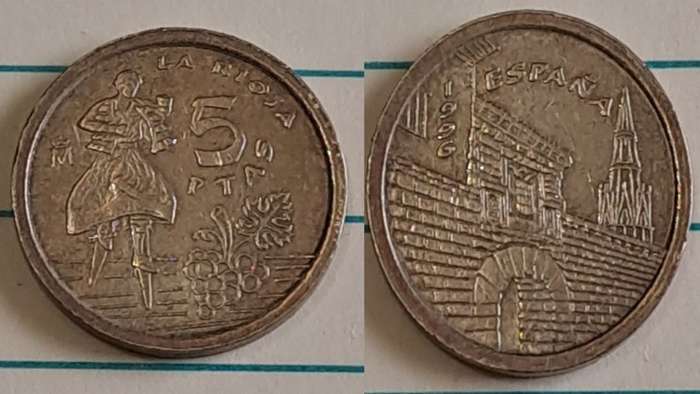 1996 - Spain - 5 - Circulating commemorative coin - Demonetised Feb 2002 - Aluminium bronze