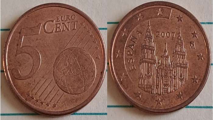2007 - Euro/Spain - 5 Cent - AU/NC- The cathedral of Santiago de Compostela -  Demonetised - No -  C