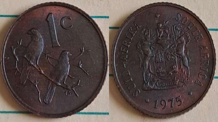 1975 - SA -  1 - AU/NC- Coat of Arms/Two Cape sparrows - Bronze