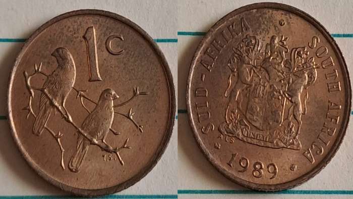 1989 - SA -  1 - AU/NC- Coat of Arms/Two Cape sparrows - Bronze