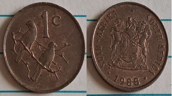 1988 - SA -  1 - AU/NC- Coat of Arms/Two Cape sparrows - Bronze