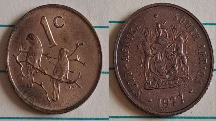 1977 - SA -  1 - AU/NC- Coat of Arms/Two Cape sparrows - Bronze