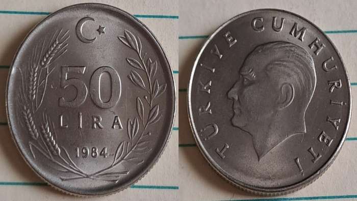 1984 - Turkey - 50 Lira - AU/NC- Head of Atatürk - Demonetised - Yes - Nickel Brass