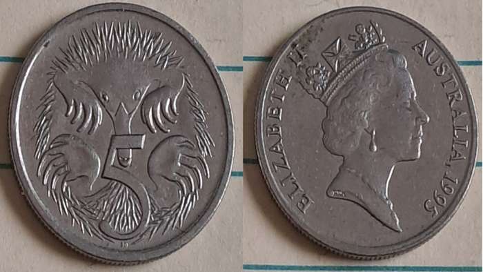 1995 - Australia - 5 - Spiny Anteater - Demonetised - No  - Copper-nickel