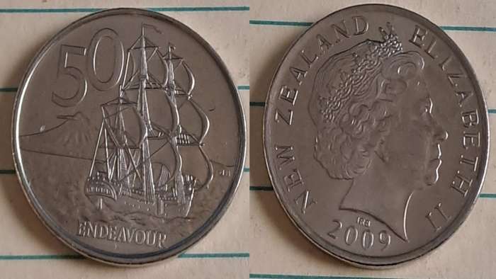 `2009 - New Zealand - 50 - AU/NC- Endevour  - Demonetised Jul 2006 - Nickel plated steel`