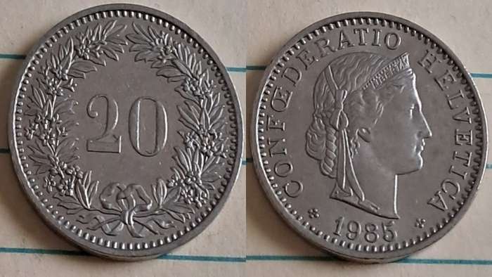 1985 - Switzerland - 20 - AU/NC - Head of Libertas  - Demonetised Jan 2004 - Nickel