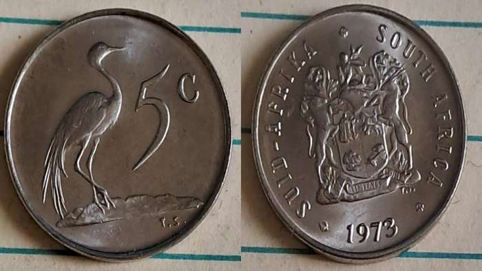 1973 - SA -  5c - AU/NC- Blue crane/Coat of Arms - Nickel