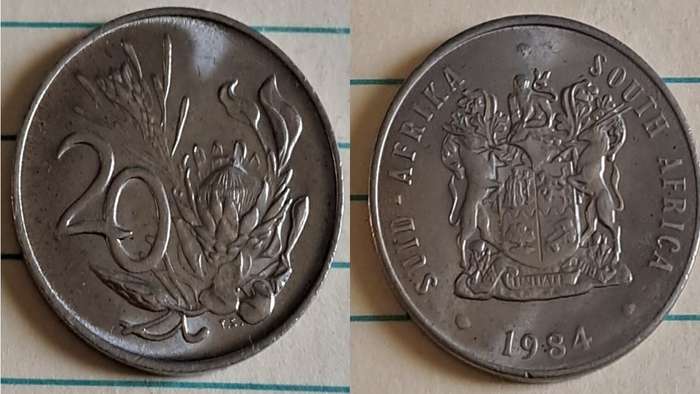 1984 - SA -  20c - King Protea/Coat of Arms - Nickel