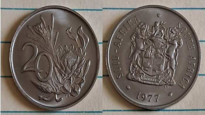 1977 - SA -  20c - AU/NC- King Protea/Coat of Arms - Nickel