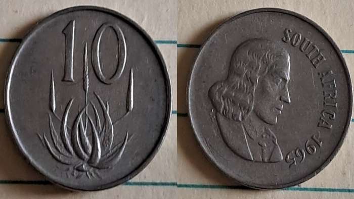 1965 - SA - 10c -Aloe plant/Van Riebeeck -  English - Nickel