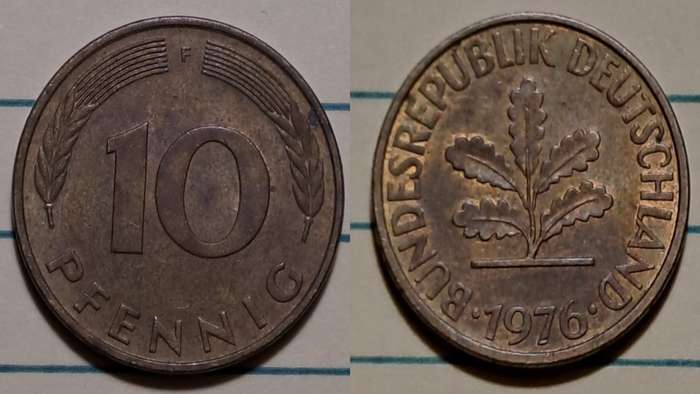 1976 F- Germany  - 10 Pfennig - Oak Seedling- Demonetised - Dec 2001 - Brass clad steel