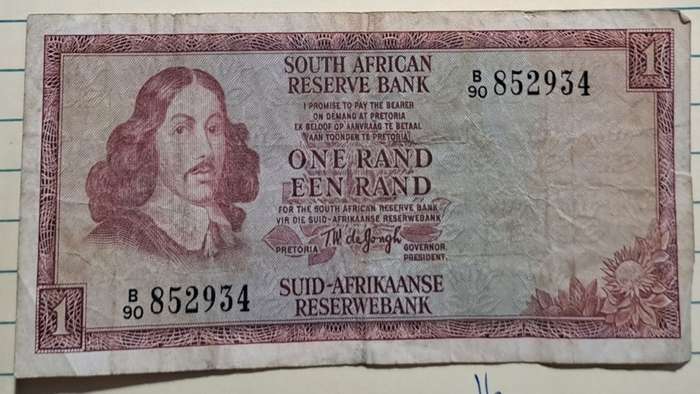 1973 - One Rand/Een Rand -  B90 852934 -  TW de Jongh 2nd Issue -  Demonetised -  Yes - Watermark -