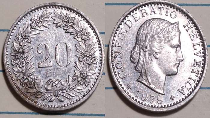 1979 - Switzerland -  20 Rappen - Libertas -  Demonetised - No - Copper-nickel
