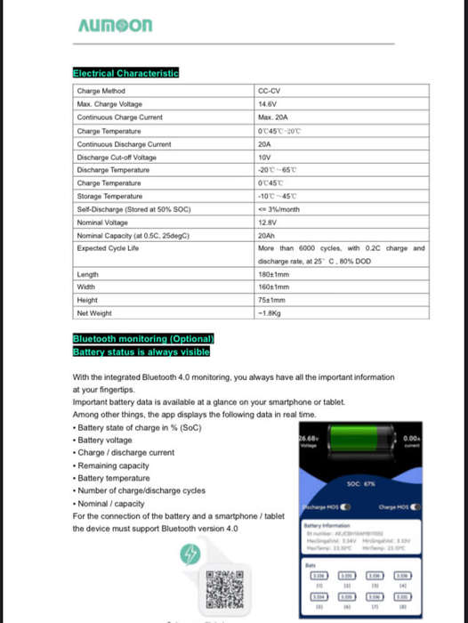 Aumoon 12V-20A LiFePo4 Battery with Smart BMS