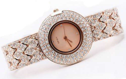 Luxury Trendy Rose Gold Bling Crystal Women Lady Leather Stainless Steel Wrist Watch