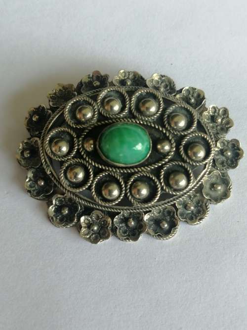 Vintage Italian Silver Brooch with Green Stone