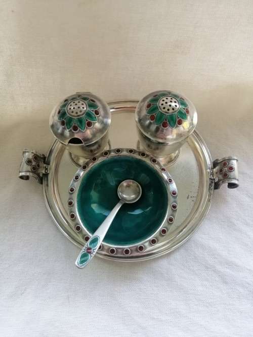 Outstanding Russian Silver and Enamel Cruet Set