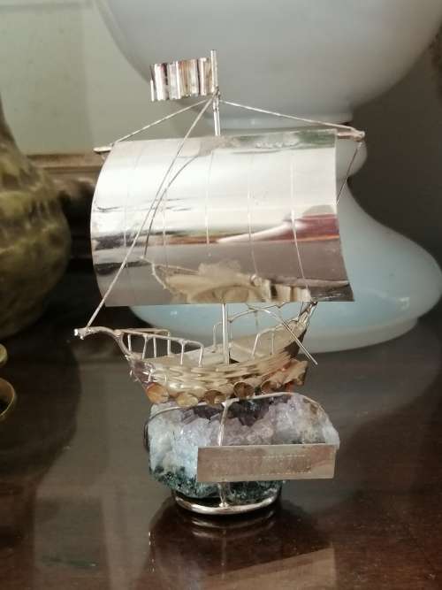 Greek Silver Model of the Ship Kyrenia on an amethyst base