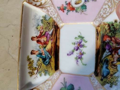 Dresden Hand painted Rectangular Trinket Dish Romantic Scene