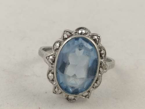 A Stunning Art Deco Sterling Silver, Marcasite and Blue Glass Ring