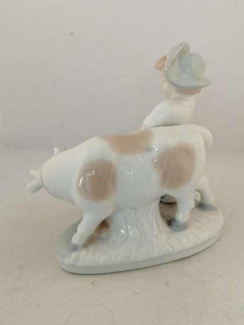Cute Lladro Style Figure of a Boy and His Cow