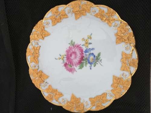 Meissen Porcelain Plate With Gilt Raised Grape Vine and Central Hand Painted Floral Spray