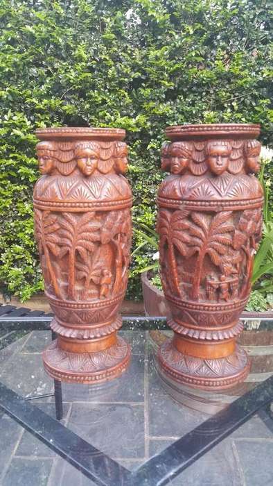 A Pair of Intricately Carved Madagascan Rosewood Decorative Items (possibly a mortar)