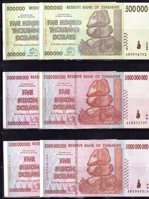 Zim High denomination notes x 6 - 2 x 500k & 4 x 5 bill. circulated - see scans for condition