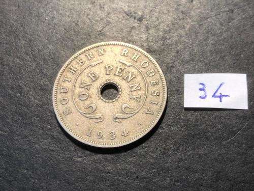 1934 Holed Rhodesian 1 penny coin - King George V