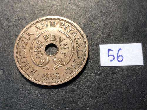 1956 Holed Rhodesia and Nyasaland 1 penny coin - Queen Elizabeth II