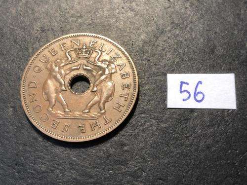1956 Holed Rhodesia and Nyasaland 1 penny coin - Queen Elizabeth II