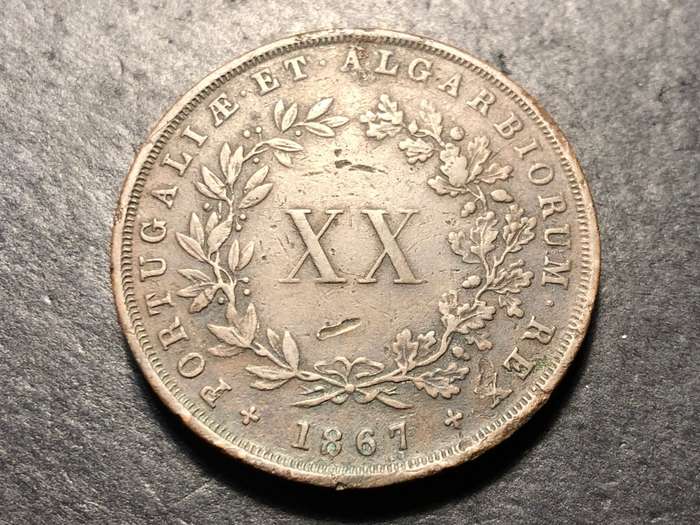 Very nice Large Crown-sized 1867 Portuguese 20 reis copper coin - Lower mintage