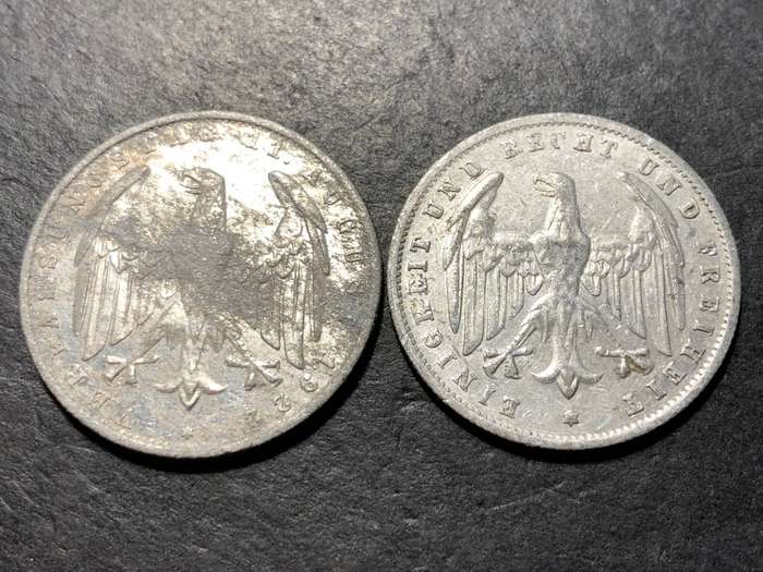 Post WWI German Hyperinflation coinage - 1922 Three marks & 1923 Five hundred marks coins