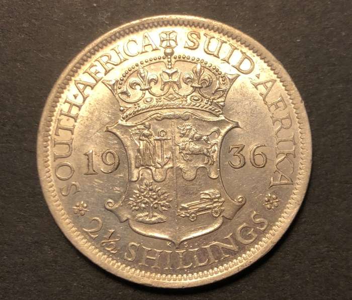 Scarce 1936 AU+ SA Union Silver 2 1/2 shilling coin - Catalogue Value in AU is R10,000