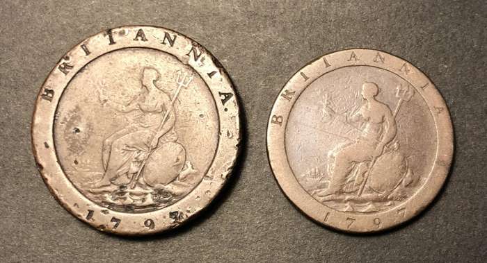 Rare 1797 Copper Cartwheel 1 & 2 penny coins - King George III