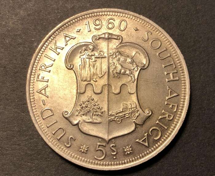 Very nice Gem UNC 1960 SA Union silver 5 shillings (crown) coin - Lightly toned