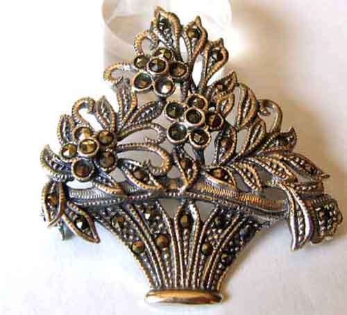 Sterling Silver  and  Marcasite `` Flower basket `` -  Brooch