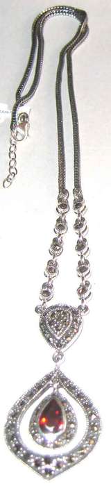 Lovely -925 Sterling Silver Chain with  Marcasite  and Garnet Necklace  -