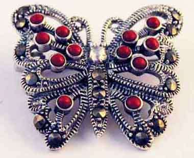 LOVELY, STERLING SILVER , MARCASITE AND RED CORAL  ` BUTTERFLY `  BROOCH.