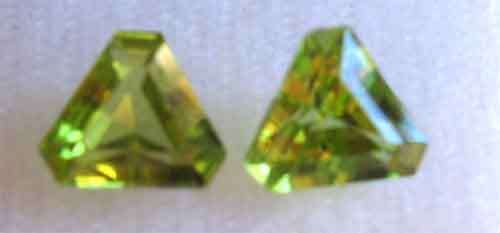 1 lot, 2 pieces 6.00 mm like trillion cut Peridot 1.72 ct.