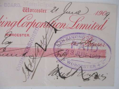 ANTIQUE CHEQUE - STEFANIS FRANCOIS NAUDE GIE -  FOUNDER OF THE VOORTREKKERS 1909