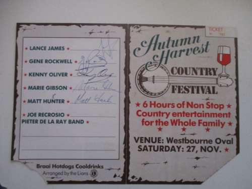 LIONS SIGNED AUTUMN HARVEST COUNTRY FESTIVAL TICKETBY LANCE JAMES GENE ROCKWELL ETC