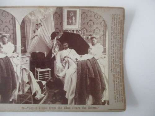 VICTORIAN - STEREOSCOPE CARD - 1800`S   - SMITH HOME FROM THE CLUB FEARS THE STORM