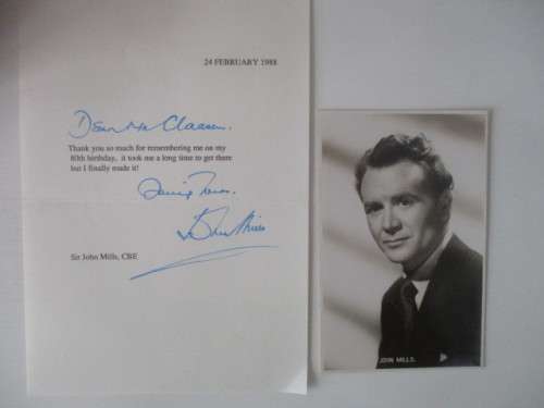 AUTOGRAPHED / SIGNED - SIR JOHN MILLS -  1908 - 2005   GREAT EXPECTATIONS 1946 LETTER  SIGNED