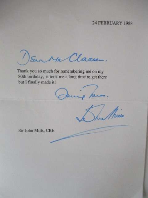 AUTOGRAPHED / SIGNED - SIR JOHN MILLS -  1908 - 2005   GREAT EXPECTATIONS 1946 LETTER  SIGNED