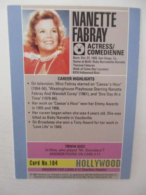 AUTOGRAPHED / SIGNED COLLECTORS CARD - NANETTE FABRAY 1920`S ACTRESS