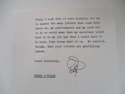 PRINTED AUTOGRAPH AND MINI LETTER - PETER O TOOLE BIT SMALLER THAN POSTCARD