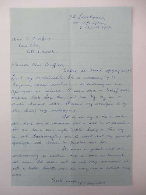 HAND WRITTEN LETTER - PETRUS HOOGENHOUT - 1884 - 1970  ADMIN. GENERAL . SWA
