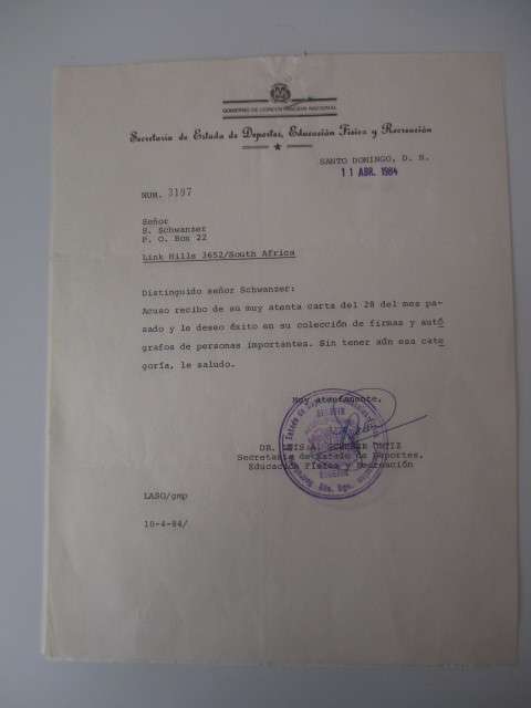 AUTOGRAPHED / SIGNED - DR. LUIS SCHEKER ORTIZ  1984 VICE PRES OF DOMINIGO