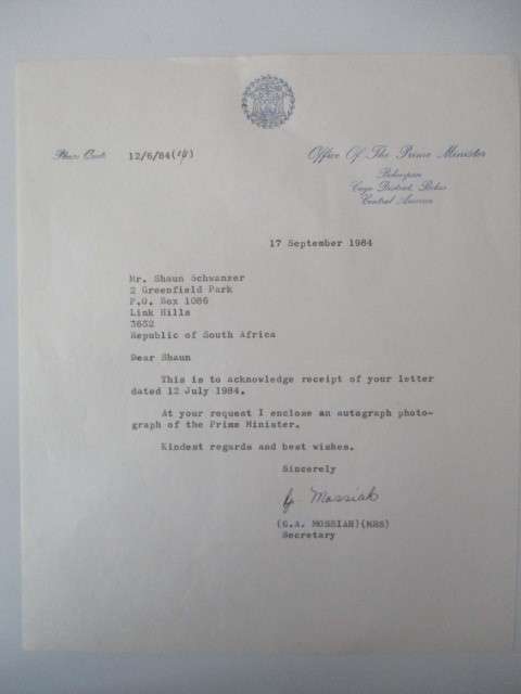 AUTOGRAPHED / SIGNED - FORMER PRIME MINISTER SIR MANUEL ESQUIVEL  OF BELIZE